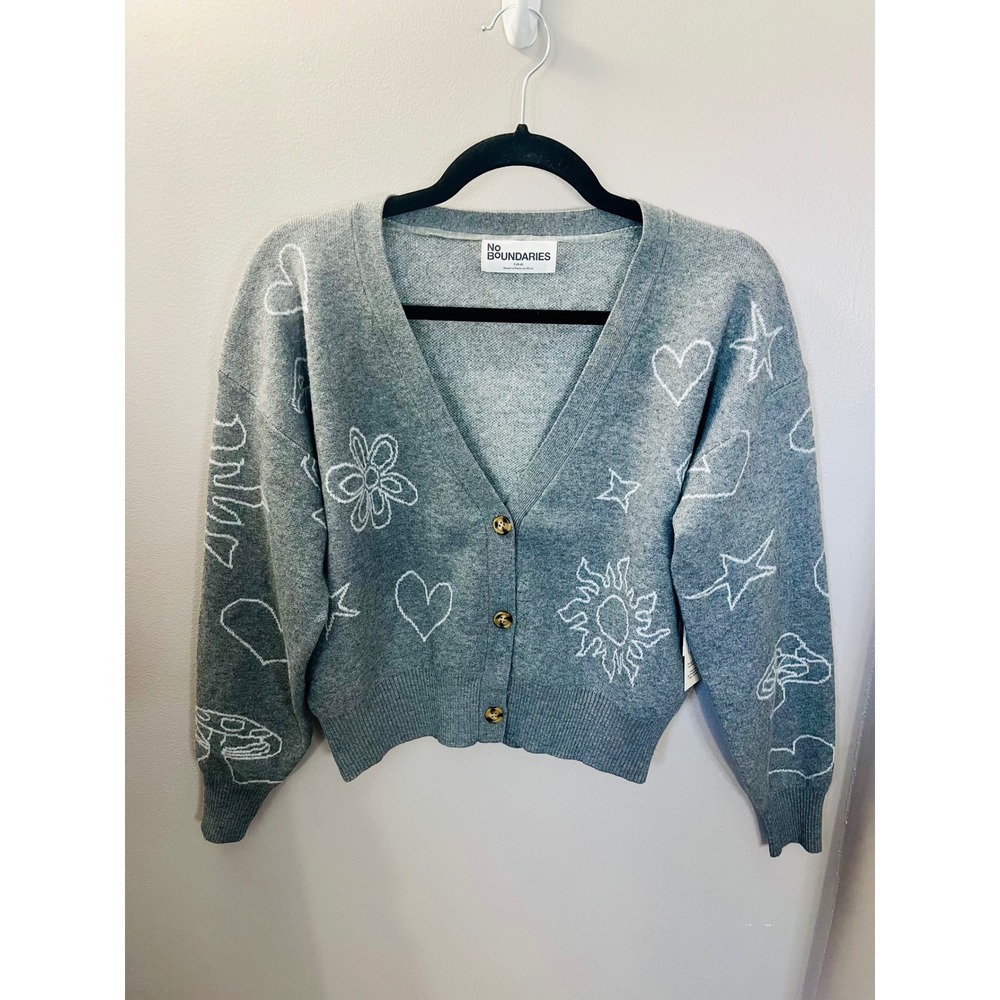 Y2K Kidcore 90s Small Gray Doodle Cardigan Sweater Hearts Stars Mushroom NWT